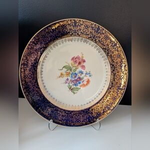 Homer Laughlin Vintage Floral 10" Blue Dinner Plate